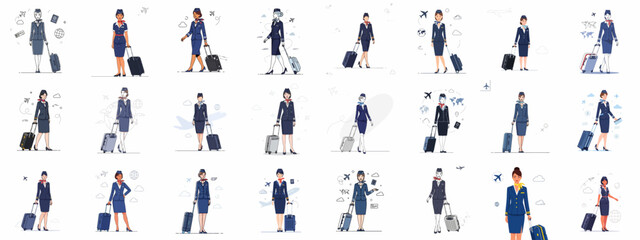 Collection of professional flight attendant illustrations in uniforms with luggage, featuring diverse poses and representations of airline cabin crew and international travel.