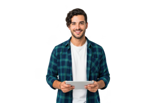 Smiling young man with dark hair wearing a plaid shirt and white t shirt holds a tablet computer against a black background