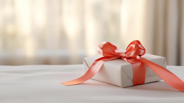 Elegant gift box with coral ribbon and bow on clean surface celebration present