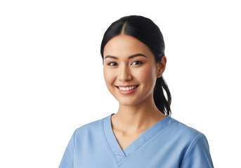 A smiling young asian woman wearing light blue medical scrubs looking directly at the camera with a friendly and professional demeanor against a black background