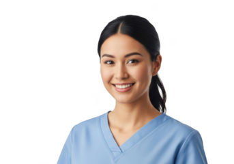 A smiling young asian woman wearing light blue medical scrubs looking directly at the camera with a friendly and professional demeanor against a black background