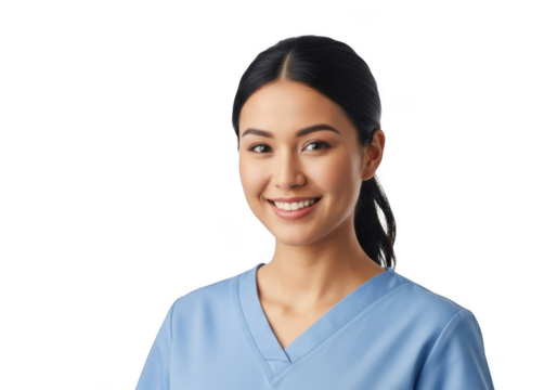 A smiling young asian woman wearing light blue medical scrubs looking directly at the camera with a friendly and professional demeanor against a black background