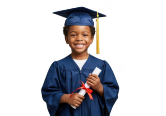 Joyful young black child proudly holds graduation diploma wearing cap and gown against a stark black background
