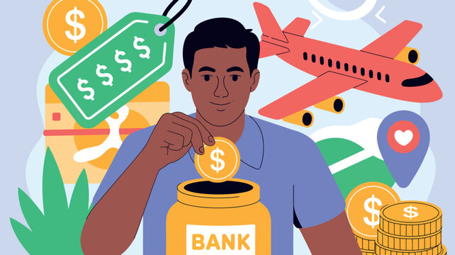 A man saving money in a jar for travel and purchases, surrounded by financial symbols and icons of leisure and transportation.