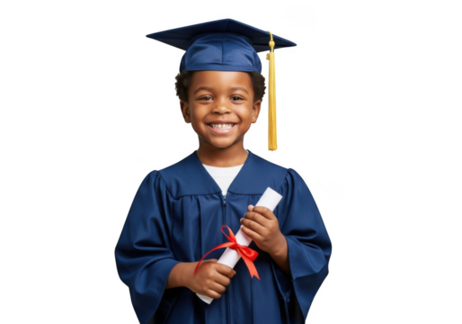 Joyful young black child proudly holds graduation diploma wearing cap and gown against a stark black background - Powered by Adobe