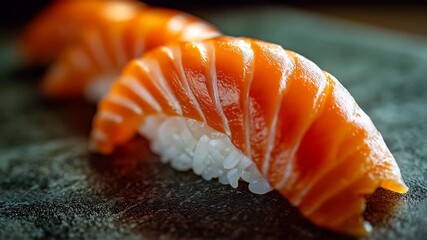 極近接マクロで一貫のサーモン握りを主役に脂艶と米粒を強調