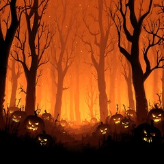 Spooky Halloween forest scene with glowing jack o lanterns and bare trees pumpkin