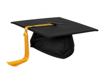 A classic black graduation cap with a vibrant golden tassel is presented against a stark black background symbolizing academic achievement and the culmination of studies