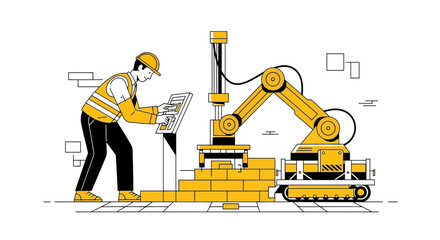Illustrative scene of a construction worker operating an advanced robotic arm on a construction site