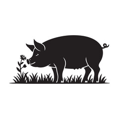 Fototapeta premium Black silhouette of a pig sniffing a flower in grass