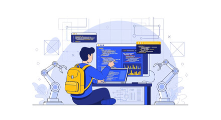 Illustrative scene of a programmer working with advanced technology solutions and robotics