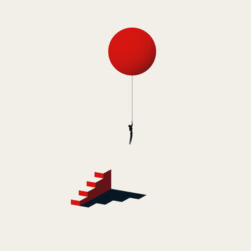 Business conceptual vector illustration of career change and freedom. A businesswoman flies away on a red balloon, leaving behind the traditional corporate ladder steps.