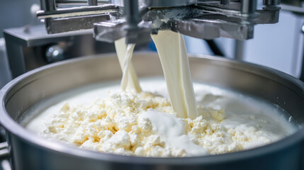 Creamy texture of cheese being produced in a factory, showcasing curds and liquid milk in a stainless steel vat