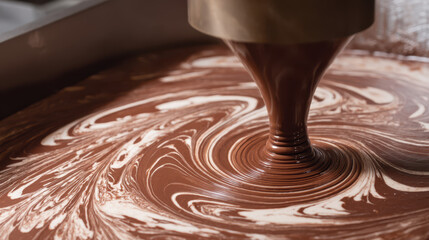Rich swirls of melted chocolate and cream blending together in a large industrial bowl for baking or confectionery creation