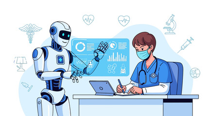 Innovative healthcare concept, doctor collaborating with artificial intelligence robot on patient