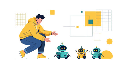 Innovative future of robotics represented by a person interacting with toy robots demonstrating