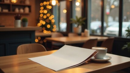 Cafe interior during Christmas time, blank menu on wooden table with coffee cup, festive decorations in background, beautiful sunlight creating bokeh effect, empty coffee shop menu mockup