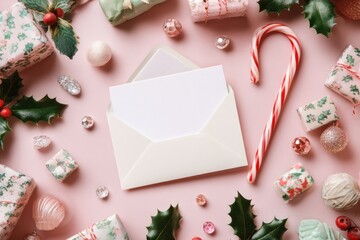 Festive Christmas Gift Envelope Scene With Candy Cane, Wrapped Presents, Holly, and Pink Background Perfect for Holiday Cheer, Family Moments, and Seasonal Decor