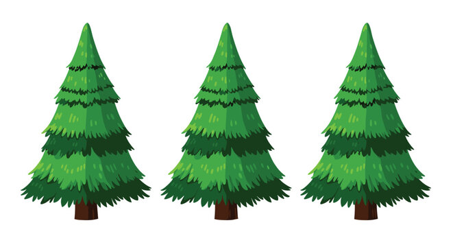A set of three identical lush green cartoon pine trees or fir trees with brown trunks isolated on a white background.