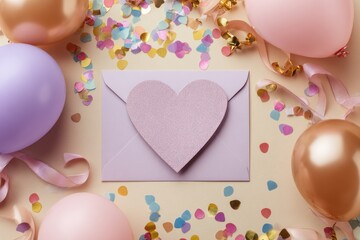 Pastel Celebration Scene With Balloons, Heart Envelope, Confetti, And Gift, Creating A Romantic Mood For Love, Celebration Or Party Decor