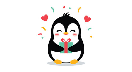 An adorable penguin with blushing cheeks happily holds a gift box surrounded by colorful confetti and floating red hearts.