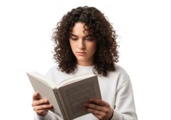 A young person with curly dark hair intently reads an open book wearing a white sweater against a stark black background