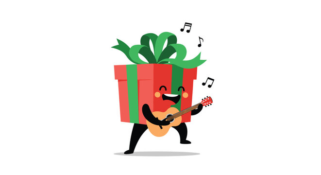 A happy cartoon gift box character with a green ribbon joyfully sings and plays a small guitar in a musical animation.