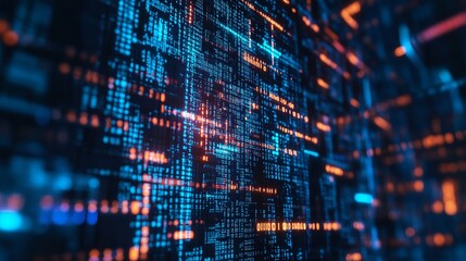Stunning blue and orange binary code matrix glowing with digital data, perfect for tech startups and innovation presentations or futuristic backgrounds