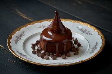 Delicious Chocolate Lava Cake with Rich Fudge Glaze and Chocolate Chips on Elegant Plate Dark Background