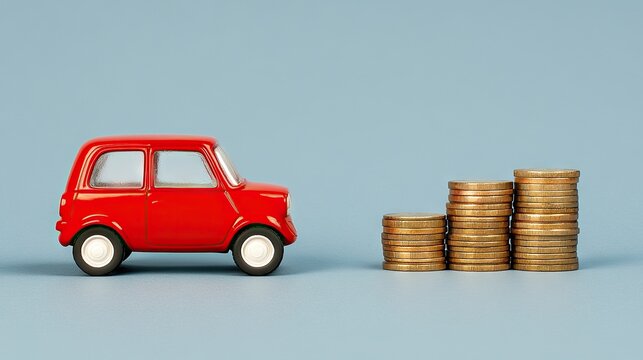 Exploring the relationship between a miniature red car and a stack of gold coins on a gray surface highlighting vehicle expenses