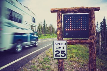Speed Limit Sign with Passing RV on Mountain Road