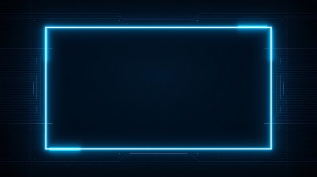 A glowing blue rectangular frame against a dark background with subtle geometric patterns visible