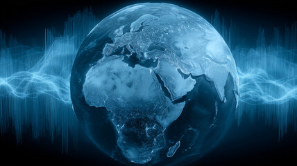 A luminous world map focused on Africa surrounded by cascading data waves, illustrating global analytics, population connectivity and the planetary scale of modern information systems.