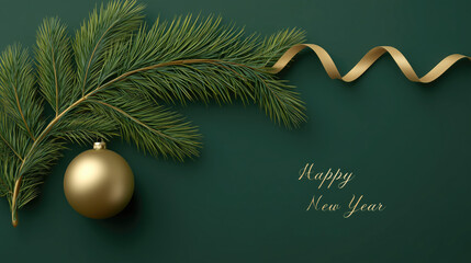 Elegant Christmas composition with pine branches golden ornament and ribbon on dark green background luxury holiday greeting design