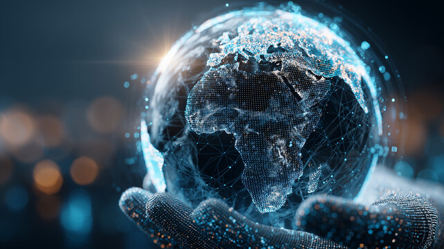 Artificial Intelligence guiding Global Transformation concept represented by a digital globe resting in a robotic hand, suggesting human technology, responsibility and innovation.
