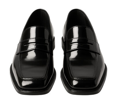 Square-toe patent leather moccasins featuring sleek, minimal stitching.