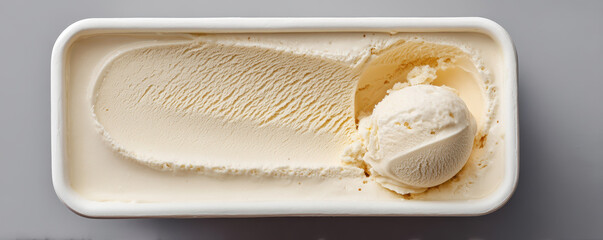 Creamy vanilla ice cream in a tub with a scoop taken out, showcasing a smooth, soft texture and inviting appearance