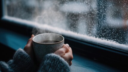 Hands holding warm cup of hot drink by frosty winter window with snow and steam rising in cozy scene