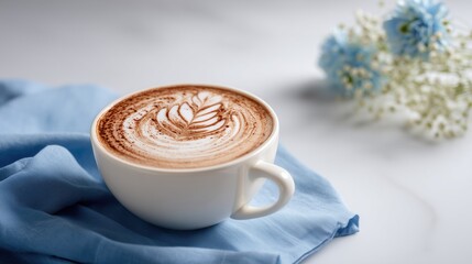 Cup of latte art on soft blue fabric in bright minimal cozy morning scene