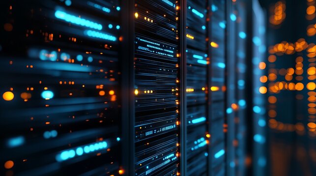 Advanced server room with data streams pulsing through the network, representing big data, ai, machine learning, and modern technology solutions