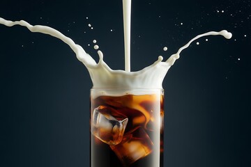Iced Coffee Delight Pouring Fresh Milk into a Glass with Ice Cubes for a Refreshing Drink