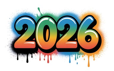 Vibrant Graffiti Style Illustration of 2026 Celebration Year With Spray Paint Effect and Bold Colors on White Background