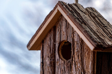 Birdhouse made of natural wood materials hangs against a cloudy sky in a serene outdoor setting during the late afternoon