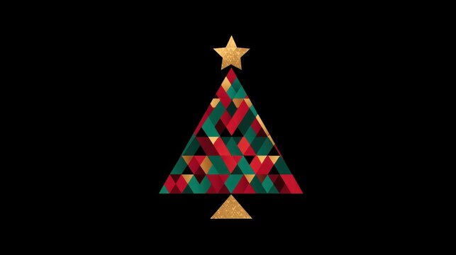 Geometric Christmas Tree With Multicolor Triangles And Gold Star On Black Background—Modern Festive Design For Holiday Marketing And Stock Photography