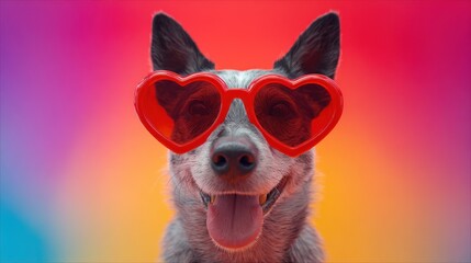 Happy Dog Wearing Heart-Shape Sunglasses in a Colorful Rainbow Background — Playful Pet Portrait Celebrating Love, Fun and Cute Vibes