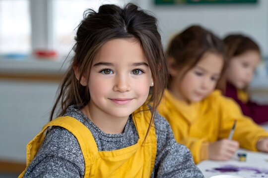 Young girl smiling in art class during painting activity - Powered by Adobe