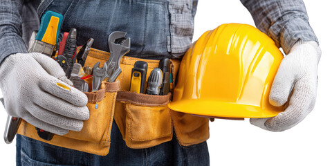 A worker holds a tool belt filled with various tools and a safety helmet