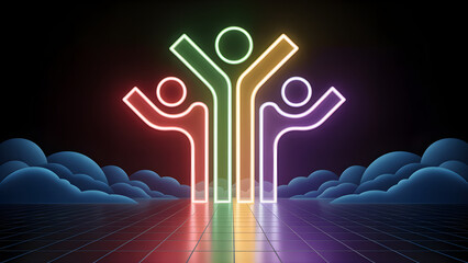 Diverse neon glowing human figures represent unity and connection