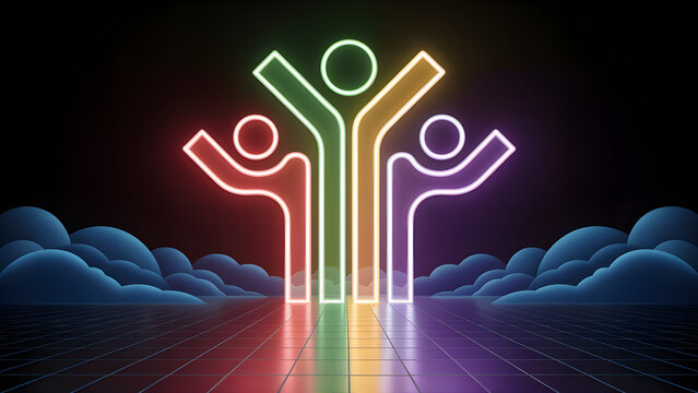 Diverse neon glowing human figures represent unity and connection