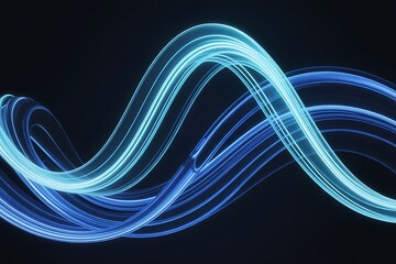 Abstract Blue Light Trails on Dark Background Futuristic Wavy Lines Neon Glow Effect Digital Art Backdrop Elegant Graphic Design